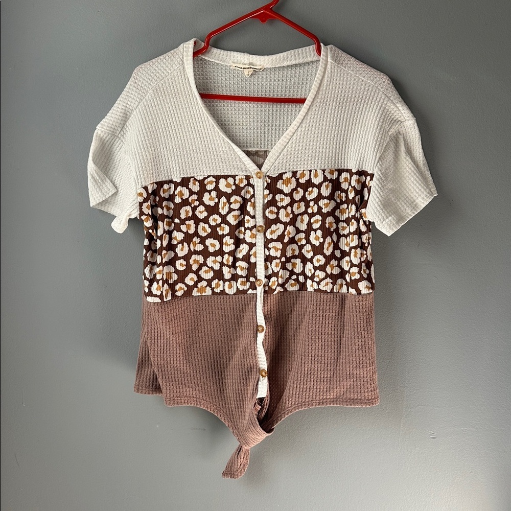 Above and Beyond Leopard Colorblock Waffle Knit Tie Front Top Mauve Large
